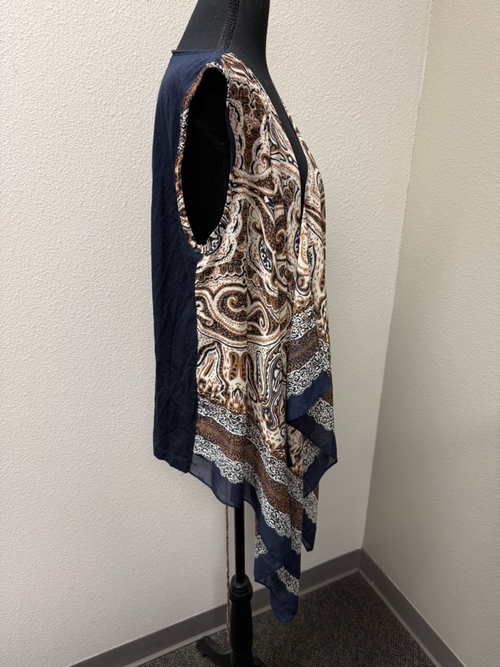 Boho Paisley Sleeveless Kimono Vest Navy Tan Tie Waist Lightweight Chic Top - Picture 7 of 9